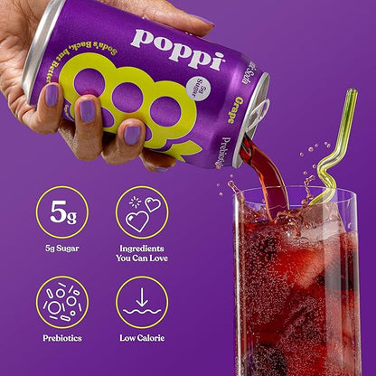 Poppi Sparkling Prebiotic Soda Beverage with Apple Cider Vinegar, Seltzer Water and Fruit Juice, Grape Flavor, 12 Fl Oz, Pack of 12, Packaging May Vary