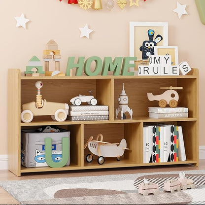 Book Shelf, 5 Cubes Storage Organizer, Open Shelf Wooden Bookcase, Freestanding Log Bookshelf Cube Shelf for Bedroom, Living Room, Home Office