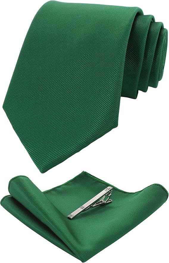 JEMYGINS Solid Color Formal Necktie and Pocket Square Tie Clip Sets for Men