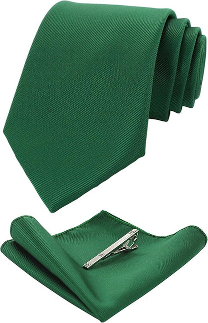 JEMYGINS Solid Color Formal Necktie and Pocket Square Tie Clip Sets for Men