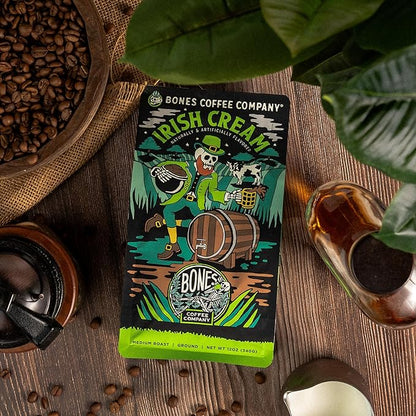 Bones Coffee Company Irish Cream, Creamy Liqueur Flavored Coffee, Medium Roast Low Acid Arabica Beans Compatible with Auto drip and French Press Coffee Maker, 12 Oz Ground