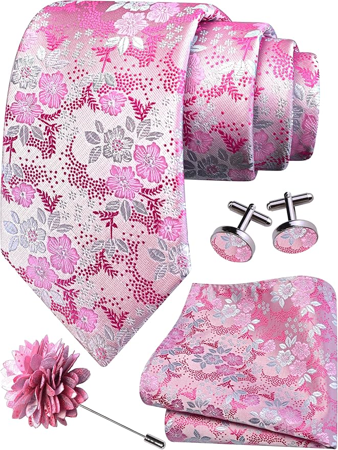 GUSLESON 3.15"（8cm） Mens Floral Tie and Lapel Pin Necktie Hankerchief Cufflinks Set for Men