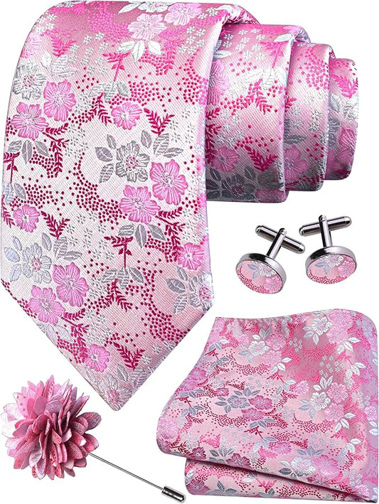 GUSLESON 3.15"（8cm） Mens Floral Tie and Lapel Pin Necktie Hankerchief Cufflinks Set for Men