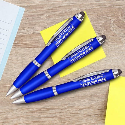 DISCOUNT PROMOS Custom Plastic Stylus Pens Set of 100, Personalized Bulk Pack - Black Ink, Great for Office, School, Business, Tradeshows, Events - Blue