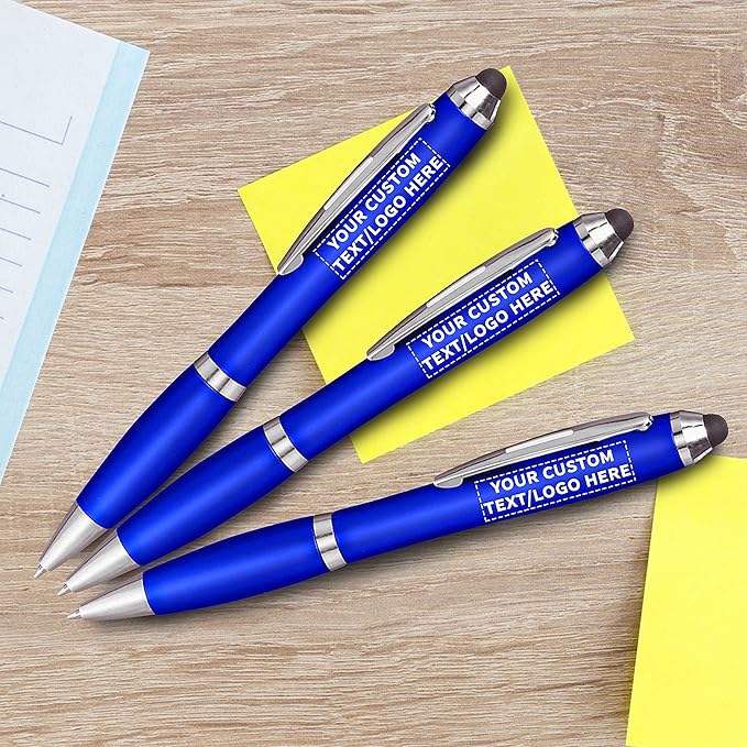 DISCOUNT PROMOS Custom Plastic Stylus Pens Set of 10, Personalized Bulk Pack - Black Ink, Great for Office, School, Business, Tradeshows, Events - Blue