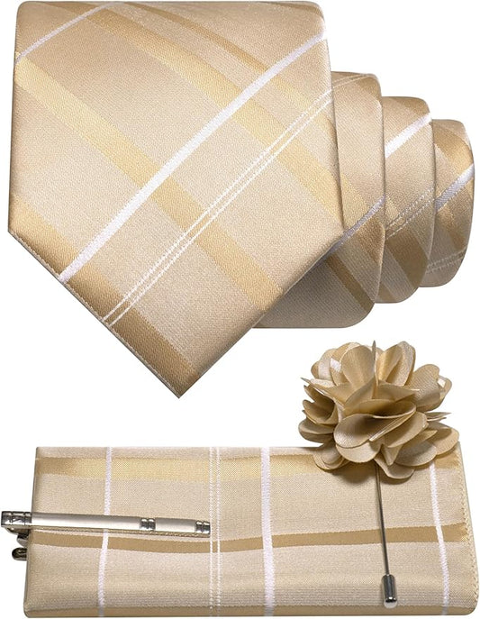 JEMYGINS Mens Striped Tie and Pocket Square with Tie Clip Lapel Pin Set 4PCS