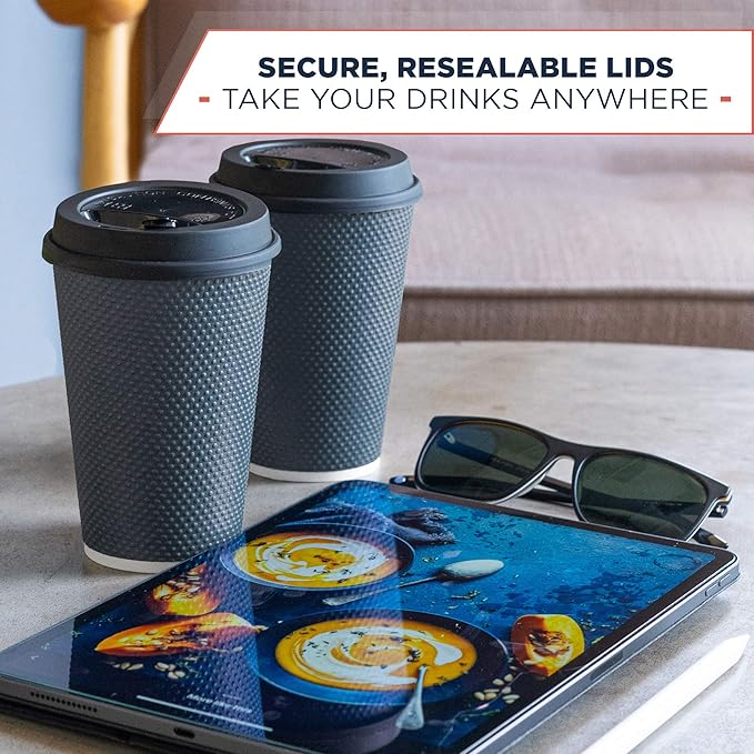 Disposable Coffee Cups With Lids - 12 oz Togo Coffee Cup With Lid (80 Set). Large To Go Travel Paper Hot Cups Insulated For Hot and Cold Beverage Drinks, No Sleeves Needed (Dusk Grey)
