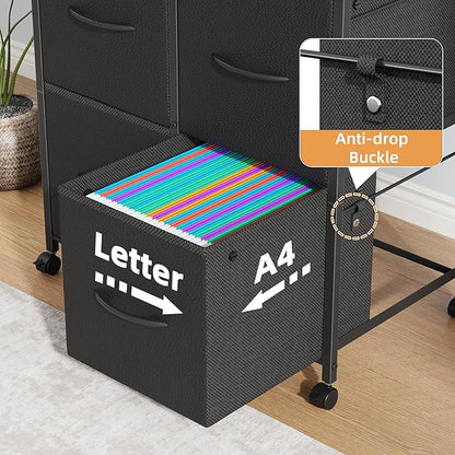Lateral File Cabinet 4 Fabric Drawer, Mobile Filing Cabinet for Large Printer, Home Office Functional Small Office Storage Cabinet & Printer Stand, Fits Letter Size, Black