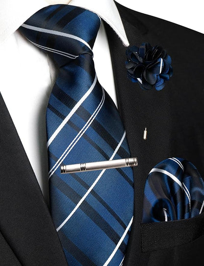 JEMYGINS Mens Striped Tie and Pocket Square with Tie Clip Lapel Pin Set 4PCS