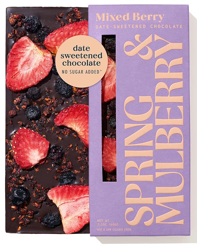 Spring & Mulberry Dark Chocolate Bars – Healthy Dark Chocolate, Date-Sweetened - Mixed Berry 6 Pack