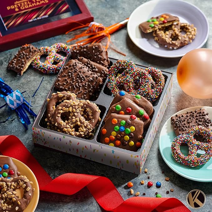 KREMERY Creamy Chocolate Cravings - Halloween Treats For Adults Chocolate Covered Pretzel Twists & Grahams Cookies Gift Basket, in Brown Gift Box (12 Count, Assorted Sweet Toppings) Holiday Christmas