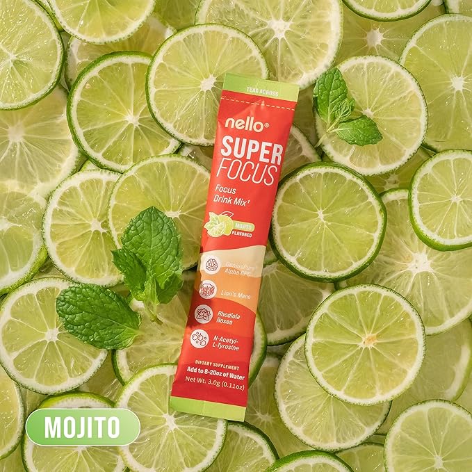 Nello SuperFocus Mojito – Nootropic Focus Drink Mix, 20 On-The-Go Packets, Alpha GPC, Lion’s Mane, Rhodiola, Sugar-Free