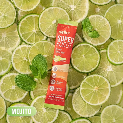 Nello SuperFocus Mojito – Nootropic Focus Drink Mix, 20 On-The-Go Packets, Alpha GPC, Lion’s Mane, Rhodiola, Sugar-Free