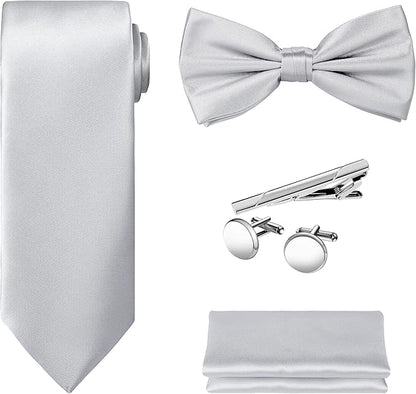 TIE G 5pcs Tie Set in WHITE OR BLACK GIFT BOX: Solid Color Necktie, Satin Bow Tie, Pocket Square, Lapel, Cuff Links