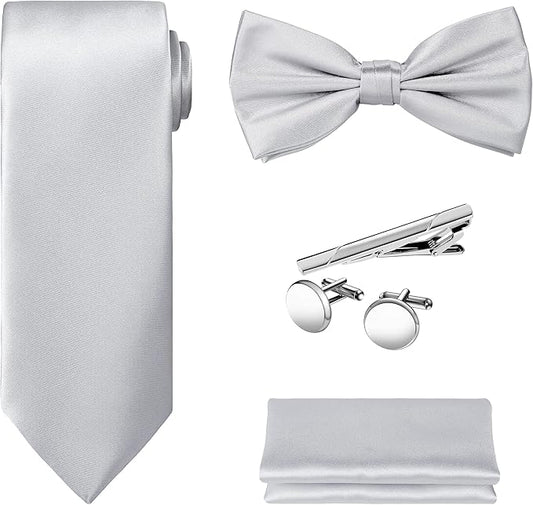 TIE G 5pcs Tie Set in WHITE OR BLACK GIFT BOX: Solid Color Necktie, Satin Bow Tie, Pocket Square, Lapel, Cuff Links