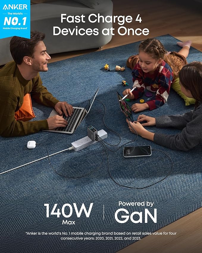 Anker Laptop Charger, 140W Max 4-Port GaN USB C Charger Block with Smart Display, Fast Charging Power Adapter, Touch Controls for MacBook, iPad, iPhone 17/16 Series (Include 5FT Cable, Non-Battery)