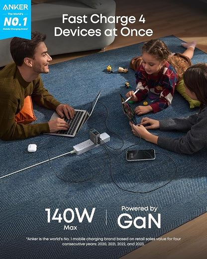 Anker Laptop Charger, 140W Max 4-Port GaN USB C Charger Block with Smart Display, Fast Charging Power Adapter, Touch Controls for MacBook, iPad, iPhone 17/16 Series (Include 5FT Cable, Non-Battery)