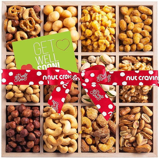 NUT CRAVINGS Gourmet Collection - Get Well Soon, Nuts Gift Basket with Get Well Soon Ribbon in Reusable Wooden Tray (12 Assortments) Food Arrangement, Healthy Snack Care Package, Food Assortments