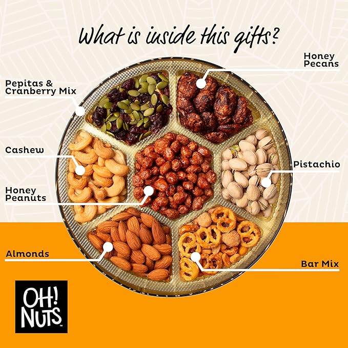 Oh! Nuts 7 Section Nuts Gift Basket - Gourmet Assorted Nut Gifts Baskets - Healthy Nuts Gift Round Metal Tin Box - Premium Food Gift for Birthday, Holiday, Movie Night, Corporate, Men & Women