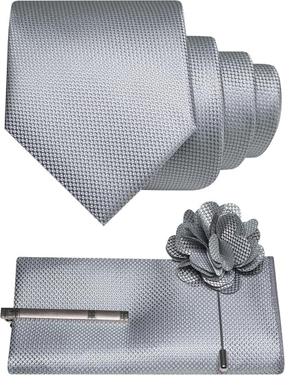 JEMYGINS Mens Tie and Lapel Pin with Pocket Square Tie Clip Sets for Casual and Business 4PCS
