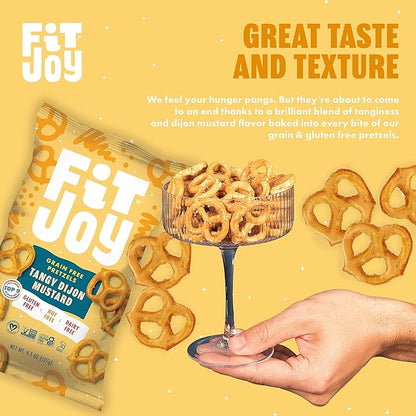 FitJoy Tangy Dijon Mustard Pretzels (Pack of 6, 4.5 Oz) - Dairy, Nut & Gluten Free Snacks - Grain Free Cassava Root & Chickpea Flour Vegan Pretzel Twists - Tangy Snack Pretzels for Children & More