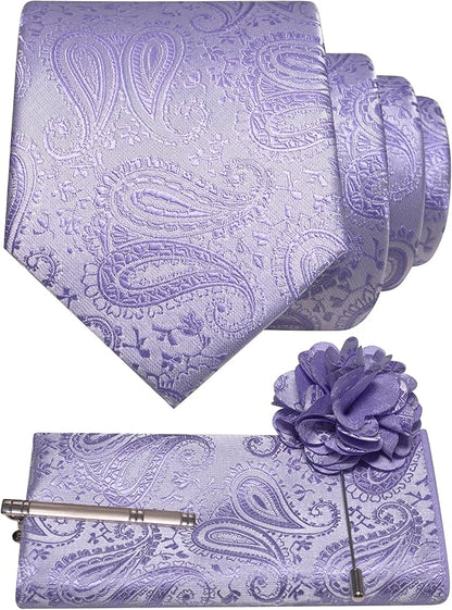 JEMYGINS Mens Paisley Tie and Lapel Pin Necktie Pocket Square and Tie Clip with Sets for Business Casual 4PCS