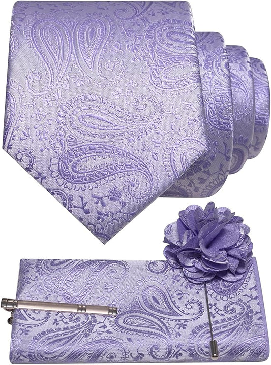 JEMYGINS Mens Paisley Tie and Lapel Pin Necktie Pocket Square and Tie Clip with Sets for Business Casual 4PCS