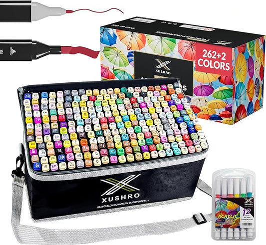 262+2 Piece Dual Tip Alcohol Markers Set with 12 Free Acrylic Paint Markers - No Bleed, Vibrant Colors for Drawing - Fine & Chisel Tips with Organizing Case - Blending Markers for Adults & Kids