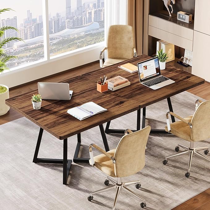 Tribesigns 31.5" Square Conference Table Set of 6, 8 ft Industrial Office Meeting Table for 8-10 People, Business Podcast Furniture with Metal Base for Small Spaces, Office Conference, Brown & Black