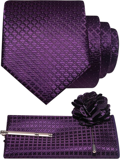 JEMYGINS Mens Solid Color Plaid Tie and Lapel Pin Necktie Pocket Square and Tie Clip with Sets for Business Casual 4PCS