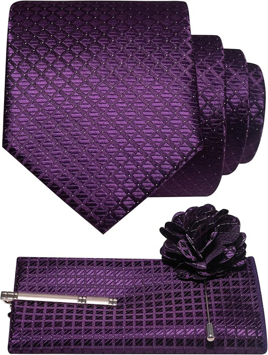 JEMYGINS Mens Solid Color Plaid Tie and Lapel Pin Necktie Pocket Square and Tie Clip with Sets for Business Casual 4PCS