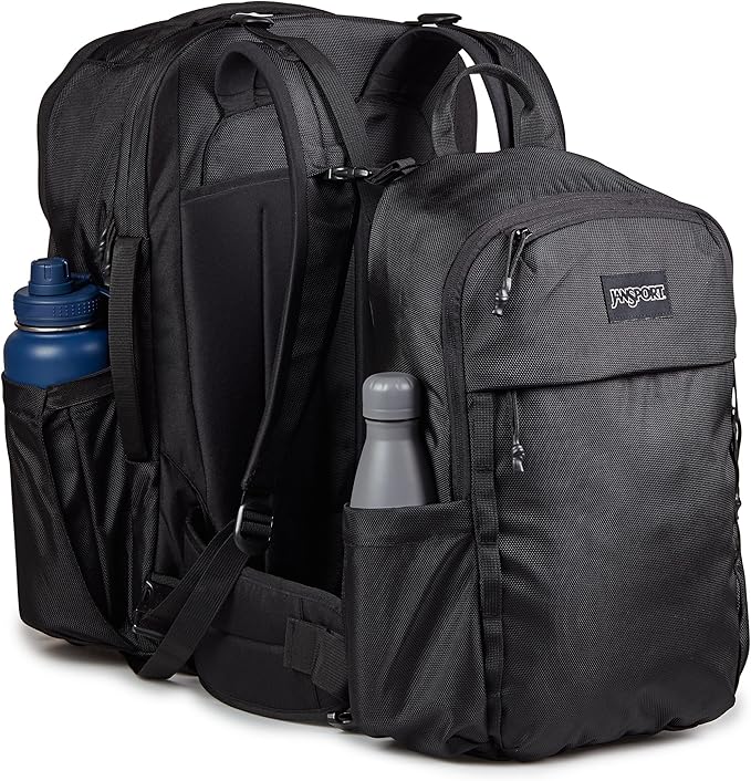 JanSport Venture Pack System – Travel Pack With Large Main Compartment, 4 Water Bottle Pockets, Adjustable Torso Length, Perimeter Wireframe Suspension, Tuck-Away Straps, Padded Hip Belt, Black