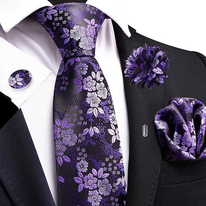 GUSLESON 3.15"（8cm） Mens Floral Tie and Lapel Pin Necktie Hankerchief Cufflinks Set for Men