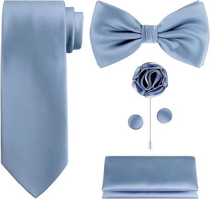TIE G 5pcs Tie Set in WHITE OR BLACK GIFT BOX: Solid Color Necktie, Satin Bow Tie, Pocket Square, Lapel, Cuff Links