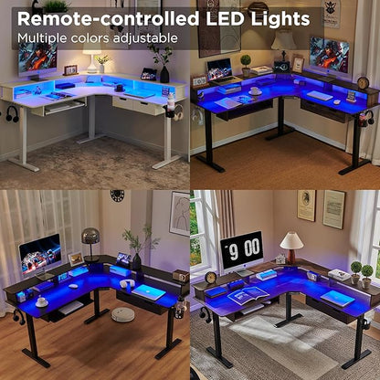 T4TREAM 60" Electric Standing Desk - L Shaped Desk with Monitor Stand, Charging Station & Remote Light, Home Office & Gaming Corner Computer Desk, Antique White