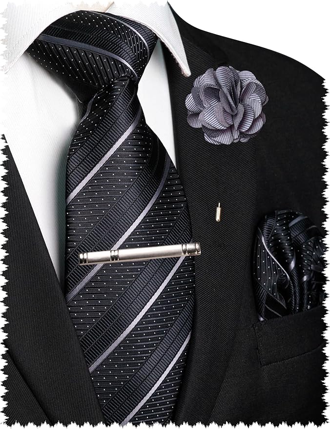 JEMYGINS Mens Striped Tie and Lapel Pin Necktie Pocket Square with Tie Clip Sets for Business Casual 4PCS
