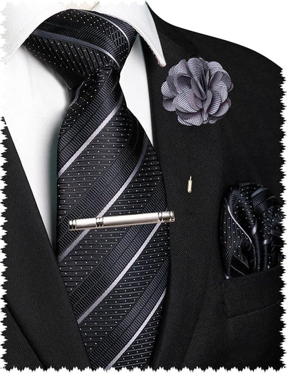 JEMYGINS Mens Striped Tie and Lapel Pin Necktie Pocket Square with Tie Clip Sets for Business Casual 4PCS