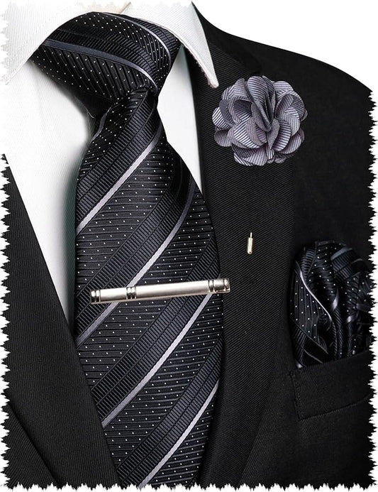 JEMYGINS Mens Striped Tie and Lapel Pin Necktie Pocket Square with Tie Clip Sets for Business Casual 4PCS