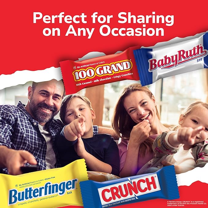 Butterfinger, CRUNCH, Baby Ruth, 100 Grand Fun Size Assorted Candy Bars, Great for Sharing, Bulk 60 Count Pack, 37.2 oz