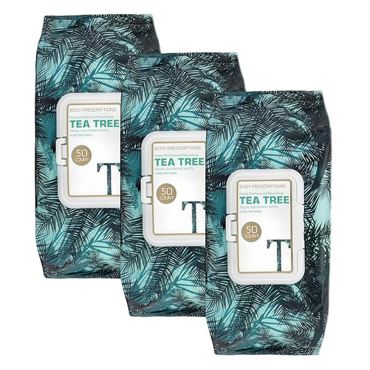 Body Prescription Makeup Cleansing Wipes - Gentle and Effective Face Wipes, 50 Count (Pack of 3), Tea-Tree