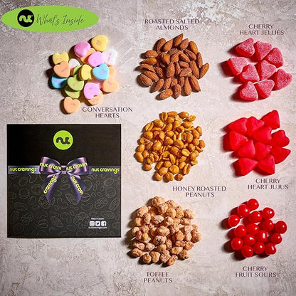 NUT CRAVINGS - Thanksgiving Mixed Nuts & Heart Candy Gift Basket in Red Gold Box (7 Assortments, 1 LB) Holiday Xmas Christmas Food Arrangement, Healthy Snack Care Package