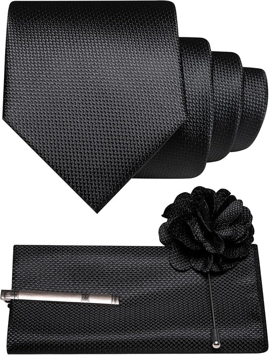 JEMYGINS Mens Tie and Lapel Pin with Pocket Square Tie Clip Sets for Casual and Business 4PCS