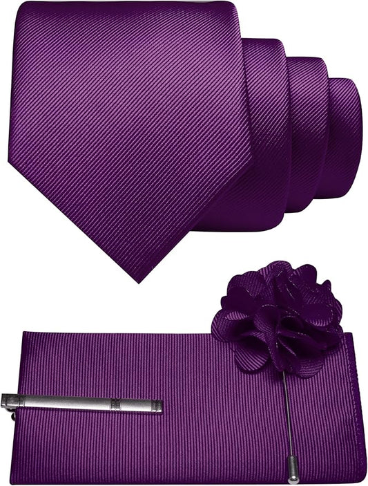 JEMYGINS Formal Necktie Solid Color Tie and Pocket Square with Tie Clip Lapel Pin Sets for Men 4PCS
