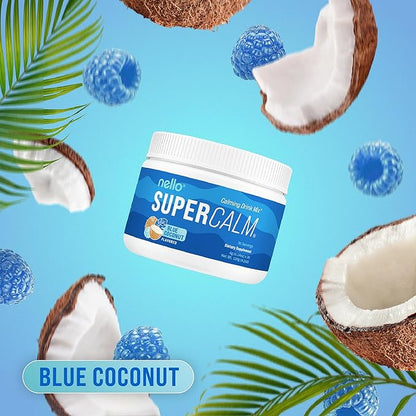 Nello Supercalm Powdered Drink Mix Tub, Cortisol Reducer* and Sleep Aid Supplement, L Theanine, Ksm-66 Ashwagandha, Magnesium Glycinate, Vitamin D 3, No Sugar, Non GMO, On The Go, 30 Ct, Blue Coconut