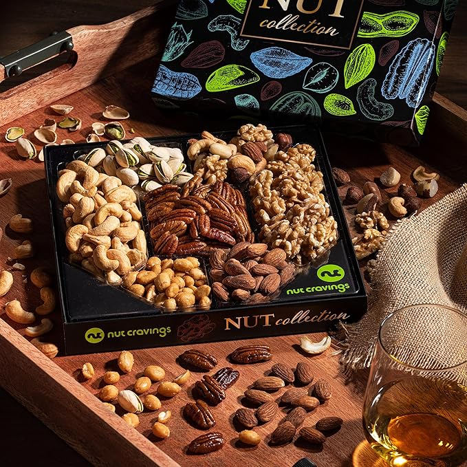 NUT CRAVINGS - Thanksgiving Nut Collection Gift Basket in Elegant Box (7 Assortments) Holiday Xmas Christmas Food Arrangement, Healthy Snack Care Package, Food Assortments