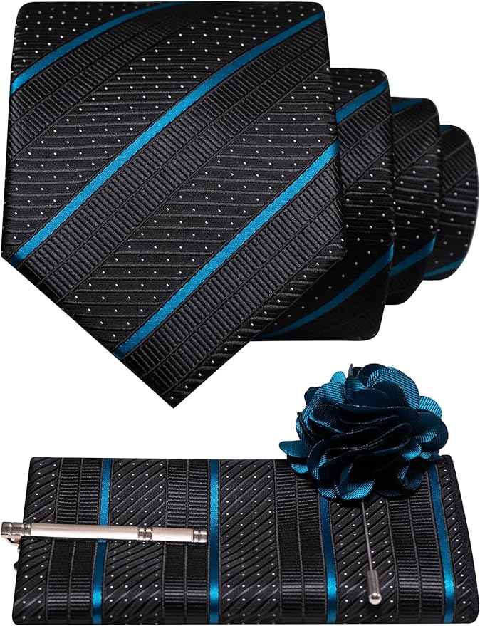 JEMYGINS Mens Striped Tie and Lapel Pin Necktie Pocket Square with Tie Clip Sets for Business Casual 4PCS
