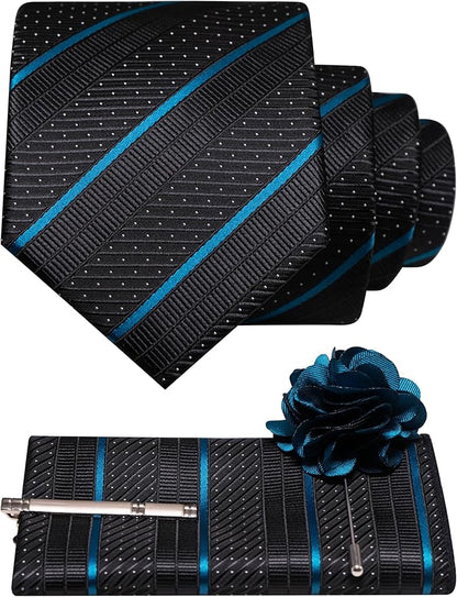 JEMYGINS Mens Striped Tie and Lapel Pin Necktie Pocket Square with Tie Clip Sets for Business Casual 4PCS