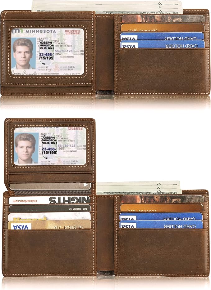 Mens Wallet Bifold Genuine Leather RFID Blocking Wallet for Men with 2 ID Windows 12 Card Holders 2 cash pockets 1 Gift Box