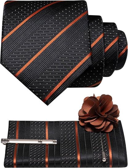 JEMYGINS Mens Striped Tie and Lapel Pin Necktie Pocket Square with Tie Clip Sets for Business Casual 4PCS