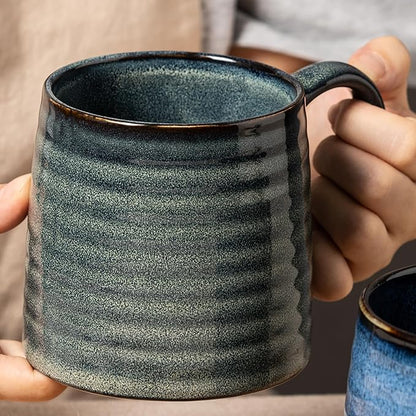 Ceramic Coffee mugs, 21 oz, Extra Large Mugs, Big Tea Cup, Large Handle, Pottery Mug, Big Belly, Transmutation Glaze，Wide Bottom, stripe pattern, Microwave & Dishwasher Safe. (Dark Green)